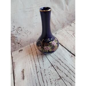 VTG Small bud Vase 4in Mini Okumura Cobalt Blue Gold Pheasants Peacock Japan
